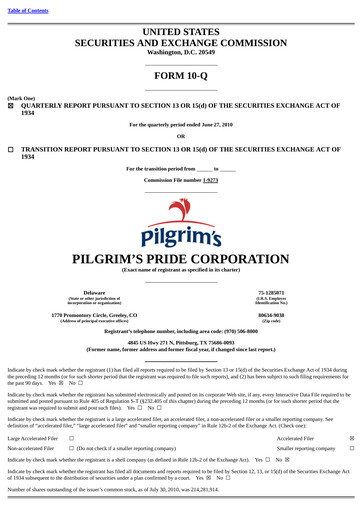 Thumbnail Pilgrim's Pride
 Quarterly Report 2010-q2