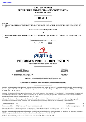 Thumbnail Pilgrim's Pride
 Quarterly Report 2010-q3