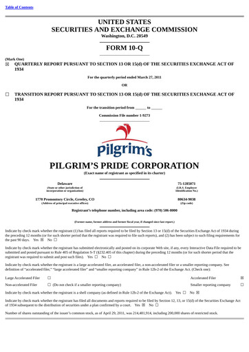 Thumbnail Pilgrim's Pride
 Quarterly Report 2011-q1