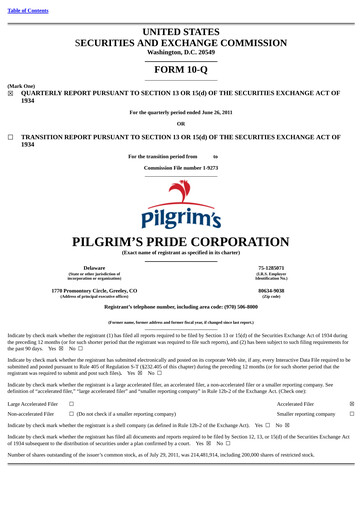 Thumbnail Pilgrim's Pride
 Quarterly Report 2011-q2