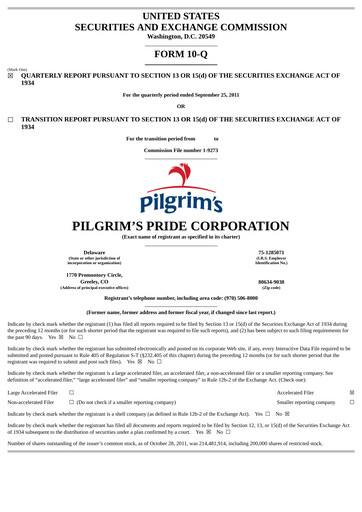 Thumbnail Pilgrim's Pride
 Quarterly Report 2011-q3