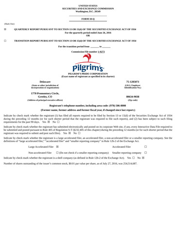 Thumbnail Pilgrim's Pride
 Quarterly Report 2016-q2