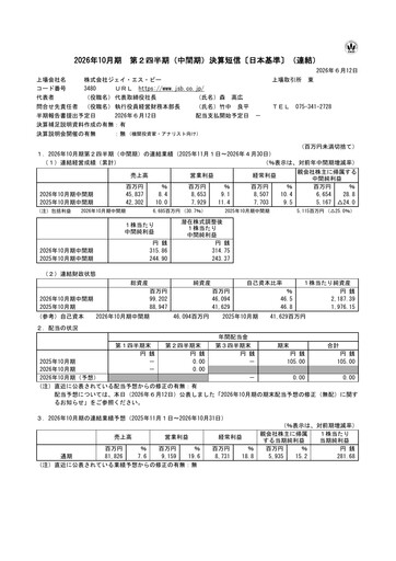 Thumbnail J.S.B.Co. Half-year Report fy2026-h1