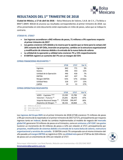 Thumbnail BMV (Bolsa Mexicana de Valores) Quarterly Report 2018-q1