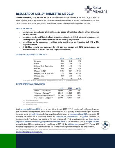 Thumbnail BMV (Bolsa Mexicana de Valores) Quarterly Report 2019-q1