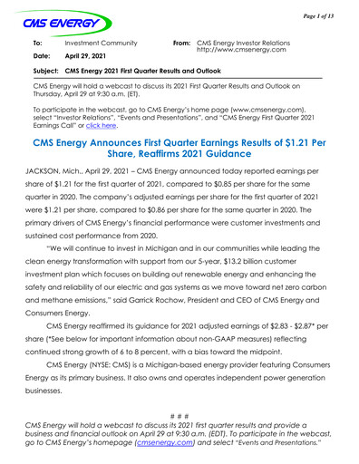 Thumbnail CMS Energy
 Quarterly Report 2021-q1