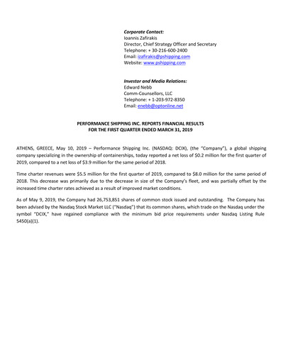 Thumbnail Performance Shipping
 Quarterly Report 2019-q1