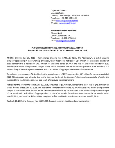 Thumbnail Performance Shipping
 Quarterly Report 2019-q2