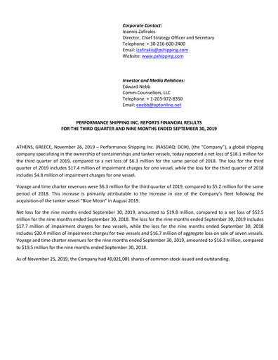 Thumbnail Performance Shipping
 Quarterly Report 2019-q3