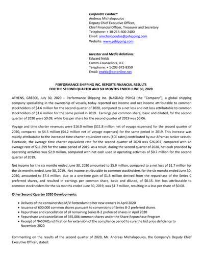 Thumbnail Performance Shipping
 Quarterly Report 2020-q2