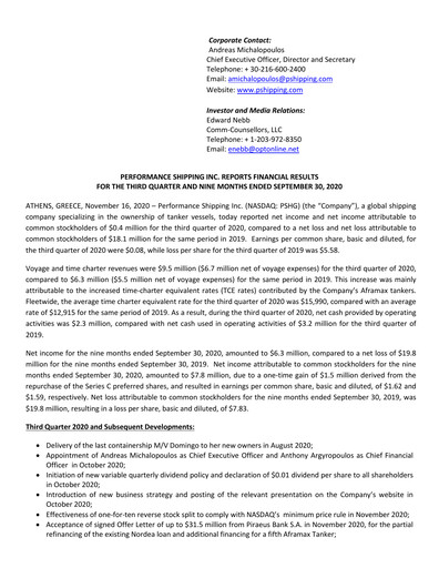 Thumbnail Performance Shipping
 Quarterly Report 2020-q3