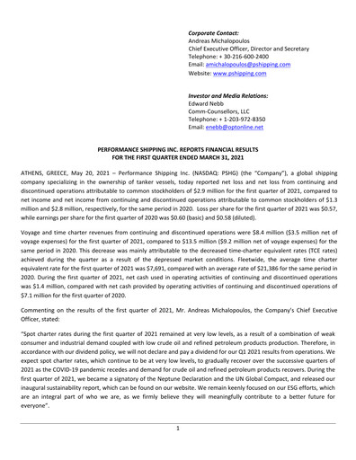 Thumbnail Performance Shipping
 Quarterly Report 2021-q1