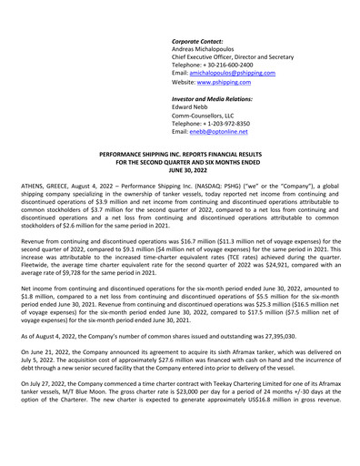 Thumbnail Performance Shipping
 Quarterly Report 2022-q2