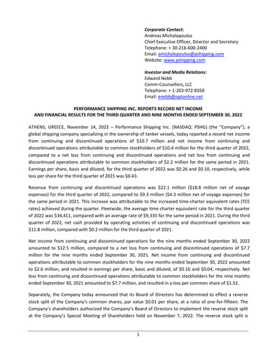 Thumbnail Performance Shipping
 Quarterly Report 2022-q3