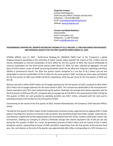 Thumbnail Performance Shipping
 Quarterly Report 2023-q1