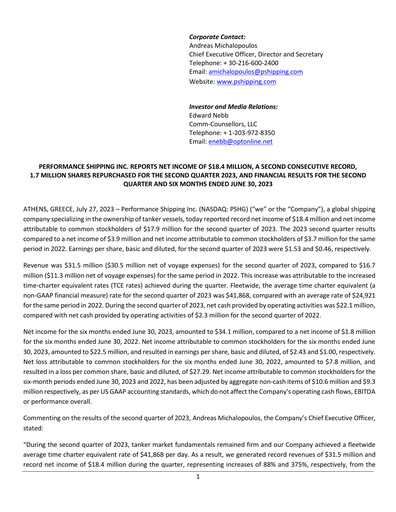 Thumbnail Performance Shipping
 Quarterly Report 2023-q2