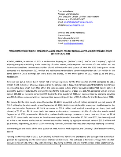 Thumbnail Performance Shipping
 Quarterly Report 2023-q3