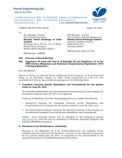 Miniature Varroc Rapport trimestriel 2021-q1