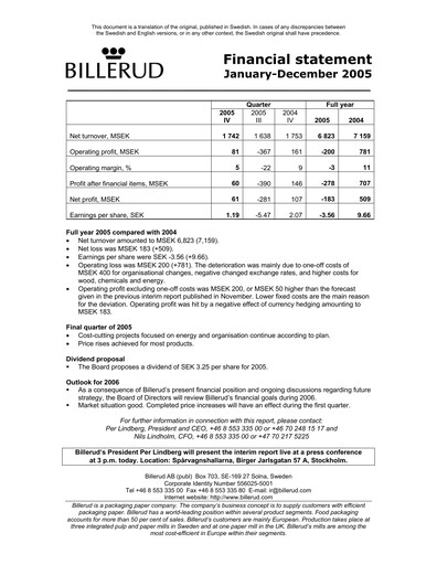 Thumbnail BillerudKorsnäs Financial Statement 2005