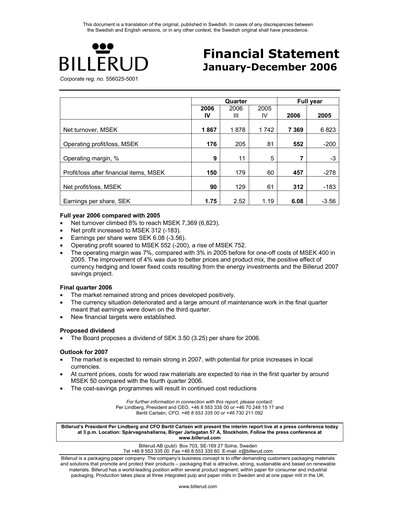 Thumbnail BillerudKorsnäs Financial Statement 2006