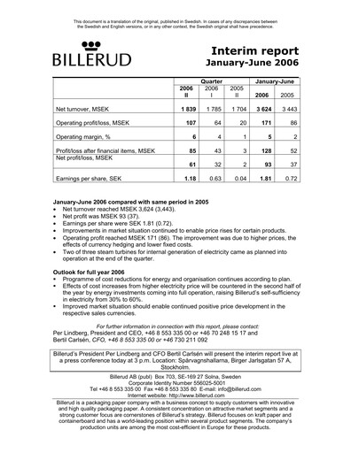 Thumbnail BillerudKorsnäs Half-year Report 2006-h1