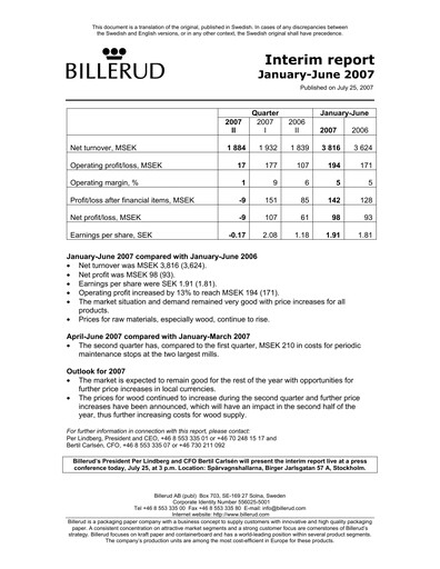 Thumbnail BillerudKorsnäs Half-year Report 2007-h1
