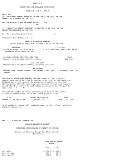 Thumbnail Colgate-Palmolive Quarterly Report 1994-q1