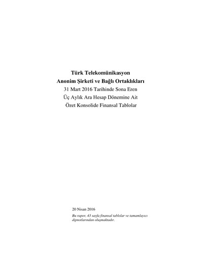 Thumbnail Türk Telekom
 Quarterly Report 2016-q1