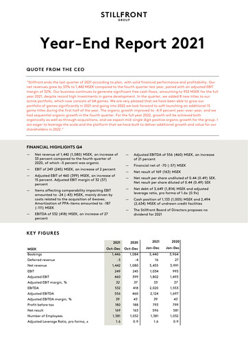 Miniature Stillfront Group Rapport financier 2021