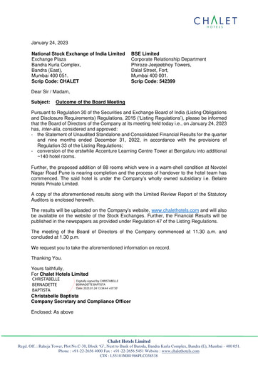 Miniature Chalet Hotels
 Rapport trimestriel 2022-q3