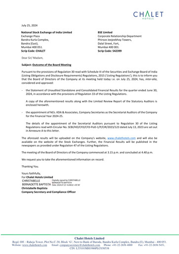 Thumbnail Chalet Hotels
 Quarterly Report 2024-q1