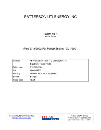 Thumbnail Patterson-UTI Energy Annual Report 2001