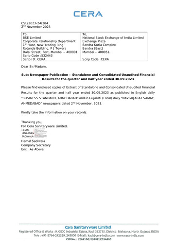 Thumbnail Cera Sanitaryware Half-year Report 2023-h1