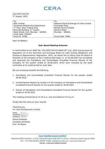 Thumbnail Cera Sanitaryware Quarterly Report 2023-q1