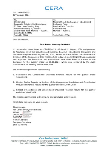 Miniature Cera Sanitaryware Rapport trimestriel 2024-q1