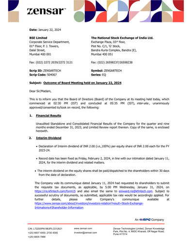 Thumbnail Zensar Quarterly Report 2023-2024-q3