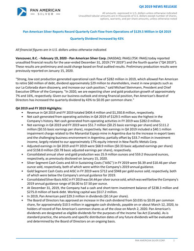 Thumbnail Pan American Silver
 Financial Statement 2019