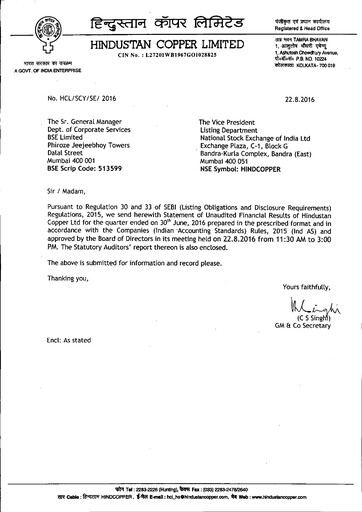 Miniature Hindustan Copper
 Rapport trimestriel 2016-q1