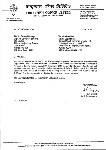 Miniature Hindustan Copper
 Rapport trimestriel 2016-q3