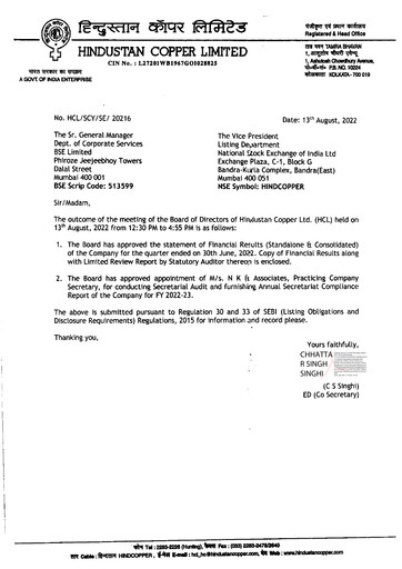 Miniature Hindustan Copper
 Rapport trimestriel 2022-q1