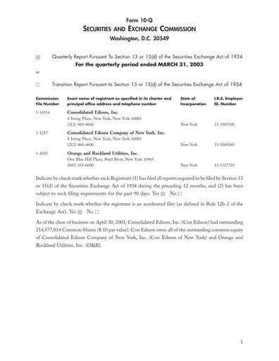 Thumbnail Consolidated Edison Quarterly Report 2003-q1