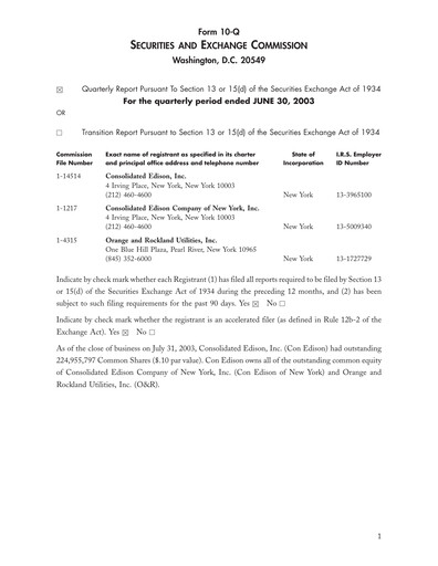 Thumbnail Consolidated Edison Quarterly Report 2003-q2