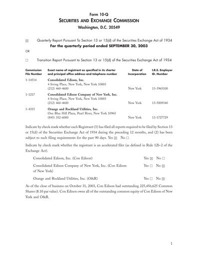Thumbnail Consolidated Edison Quarterly Report 2003-q3