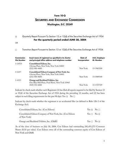 Thumbnail Consolidated Edison Quarterly Report 2004-q2