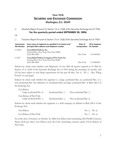 Thumbnail Consolidated Edison Quarterly Report 2006-q3