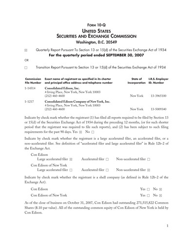 Thumbnail Consolidated Edison Quarterly Report 2007-q3