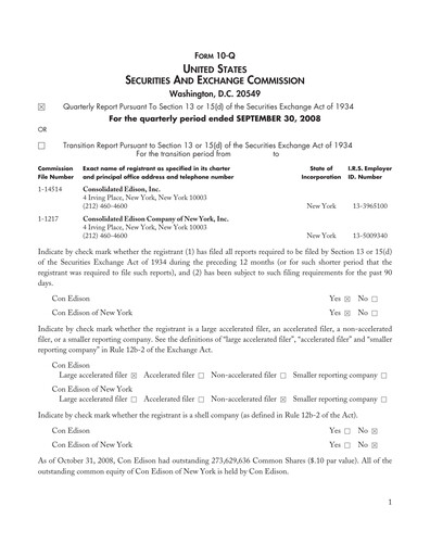 Thumbnail Consolidated Edison Quarterly Report 2008-q3
