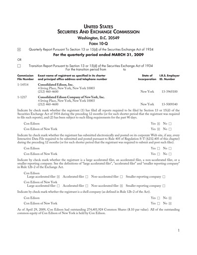 Thumbnail Consolidated Edison Quarterly Report 2009-q1