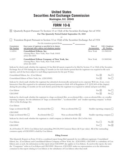 Thumbnail Consolidated Edison Quarterly Report 2010-q3