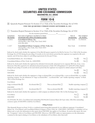Thumbnail Consolidated Edison Quarterly Report 2011-q3